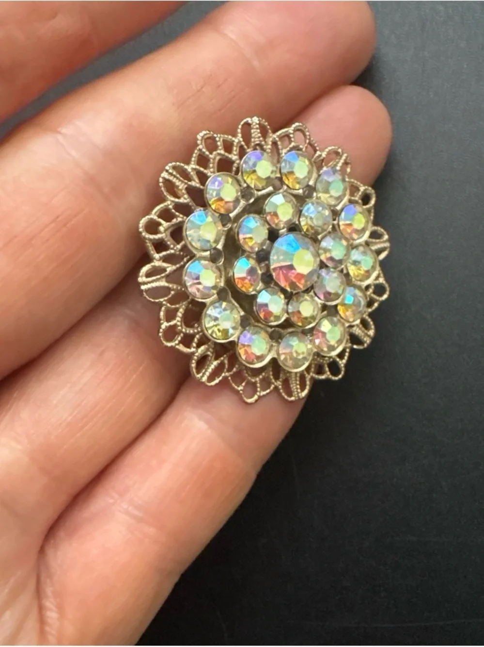 Aurora Borealis Rhinestone Filigree Brooch - Gold Tone